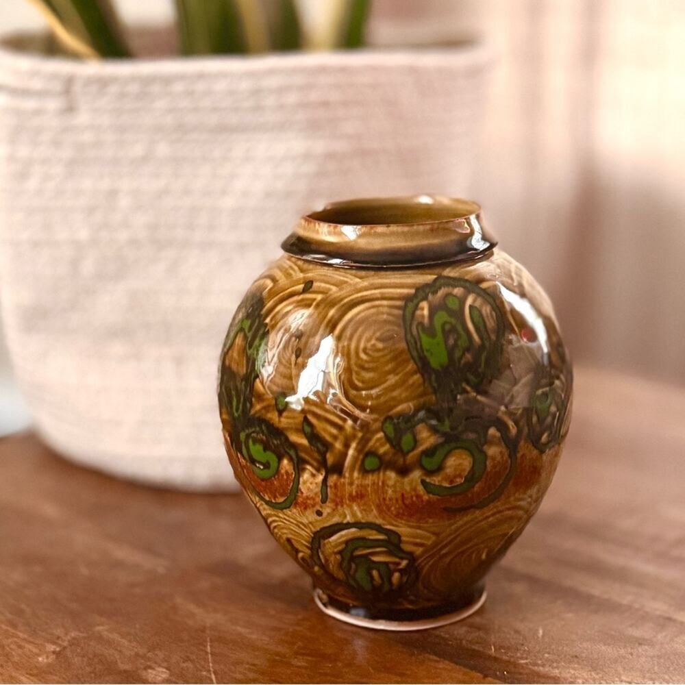 Vintage Studio Art Pottery Vase Stoneware Glossy Swirl Glaze Boho Earthy MCM 7”